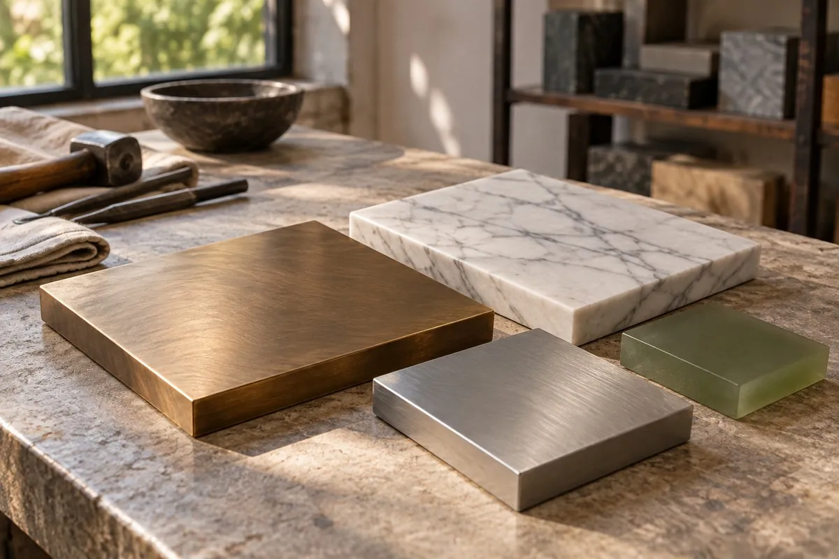 Bronze, marble, stainless steel and resin material samples