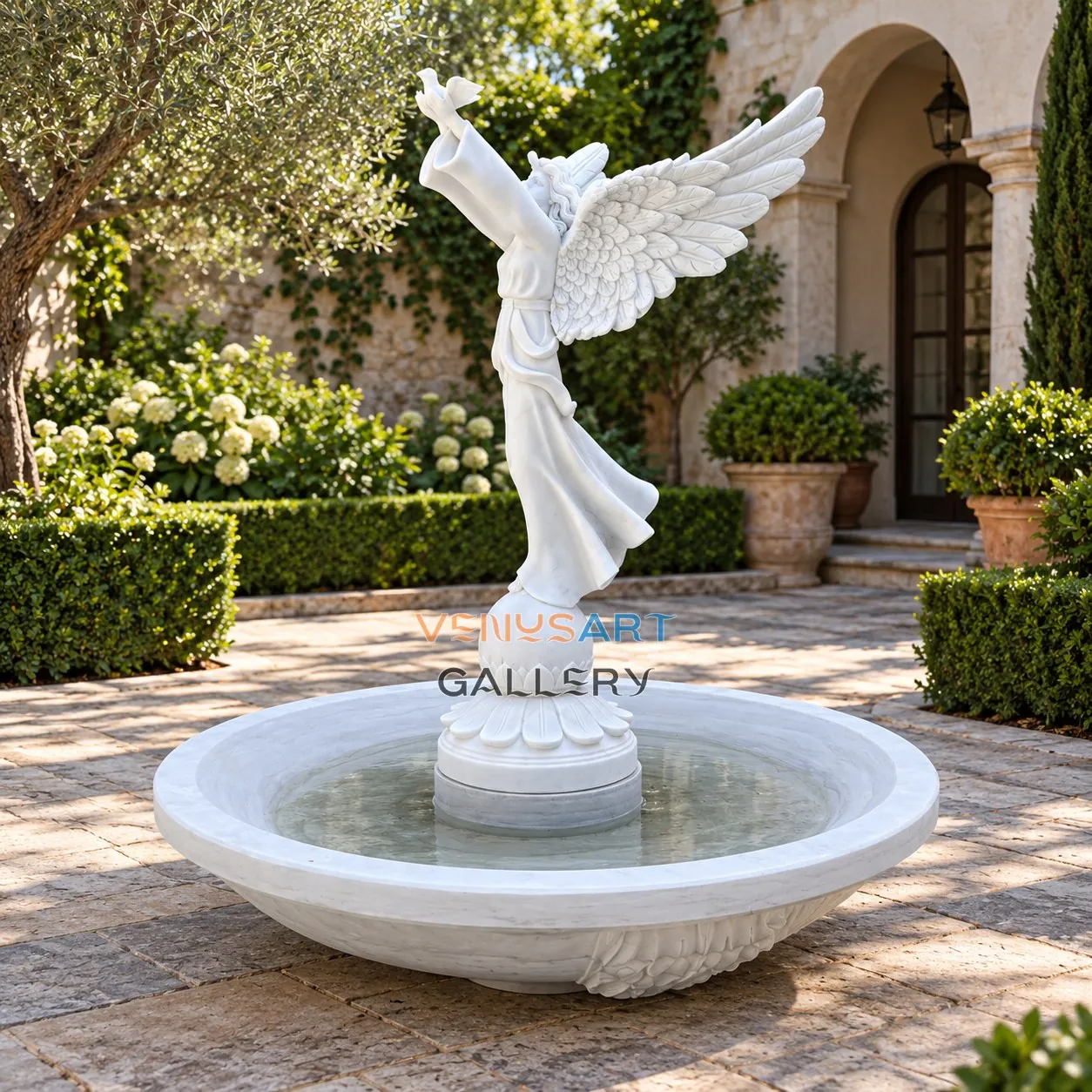 Winged Angel Marble Garden Fountain — placement concept